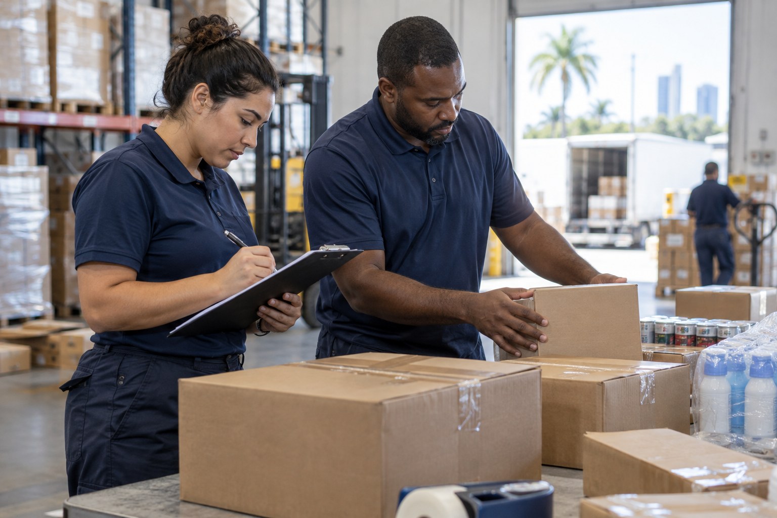 Illustrative team checking cartons and shipment documentation